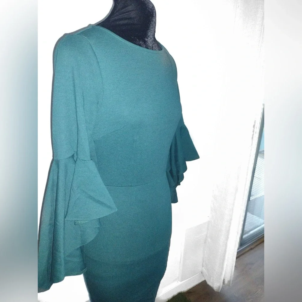 NWT Vfshow Bell Ruffle Sleeve Bodycon Midi Dress Dark Green Blue XS - Picture 8 of 11